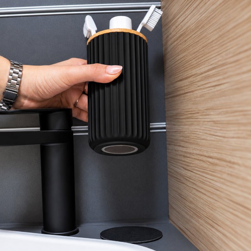Magnetic soap dispenser and magnetic toothbrush cup BLACK incl. pads - Silwy UK